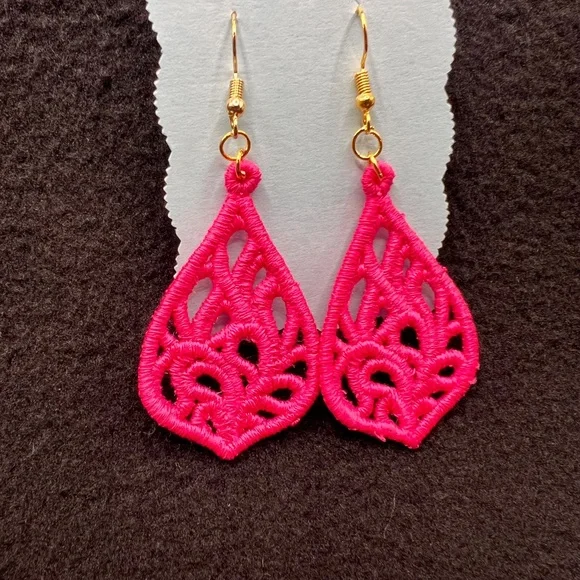 Homemade Pink Lace Teardrop Earrings - Picture 2 of 5